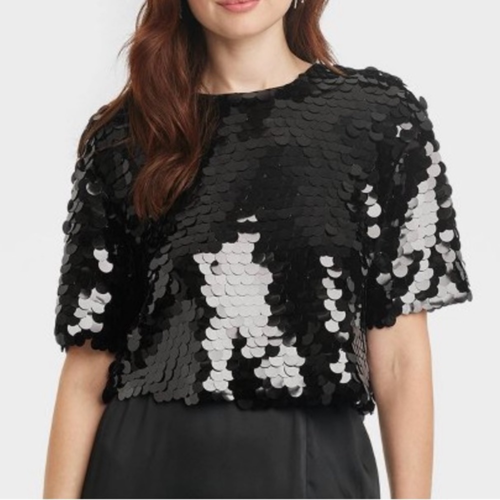 A New Day Slightly Cropped Short Sleeve Paillettes - Party Holiday Sequin Top